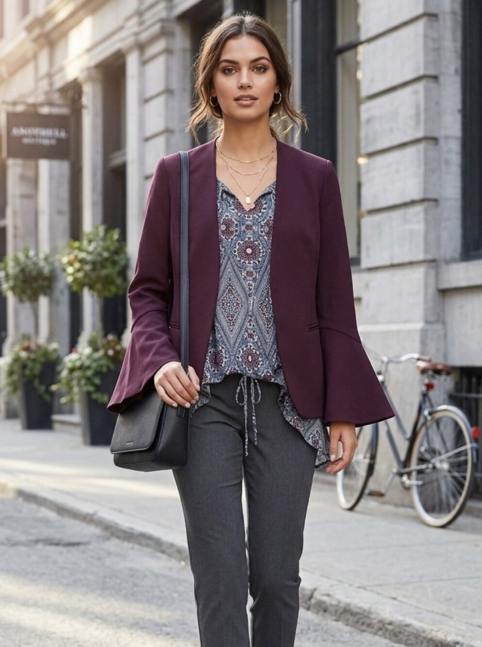 Womens Plum Open-Front Bell-Sleeve Blazer And Blouse